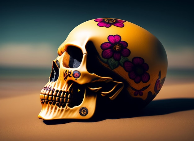 Foto gratuita una calavera amarilla con flores moradas.