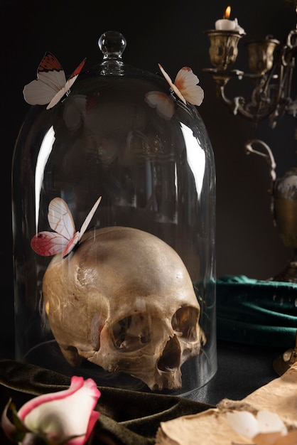 Foto gratuita calavera y arreglo floral naturaleza muerta