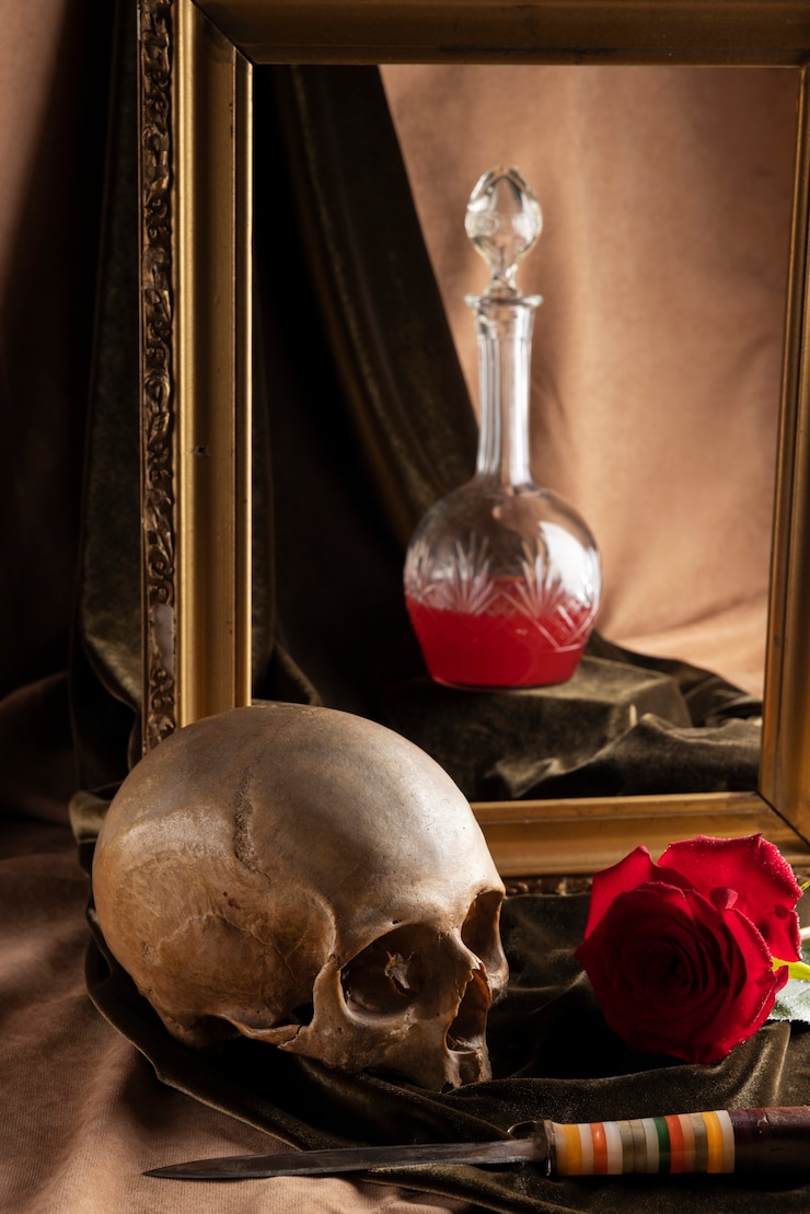 Foto gratuito calavera y arreglo floral naturaleza muerta