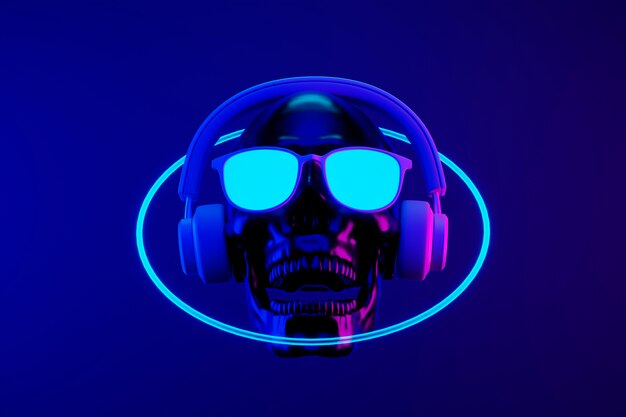 Calavera con auriculares y círculo de neón.