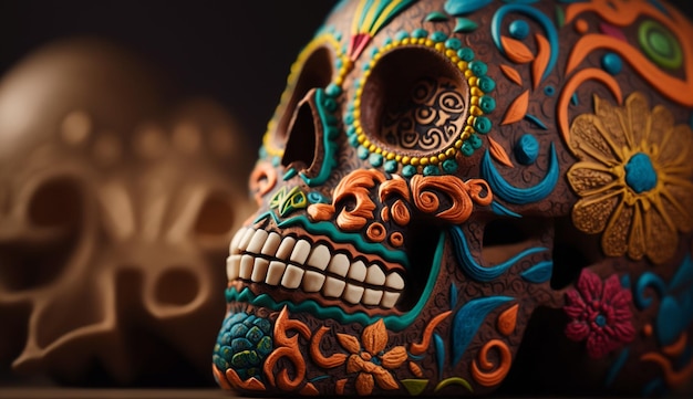 Una calavera colorida con un estampado de flores.