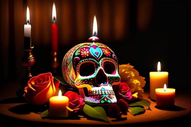 Una calavera con una flor y una vela sobre la mesa.