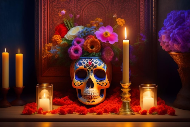 Una calavera con flores y una vela al fondo.