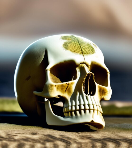 Foto gratuita una calavera con una hoja se sienta en la arena.