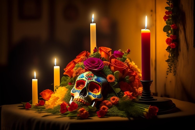 Una calavera rodeada de velas y flores.