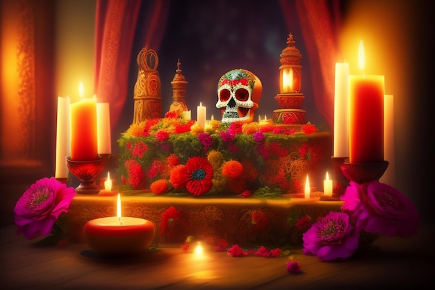 Una calavera se sienta frente a un altar iluminado con velas.