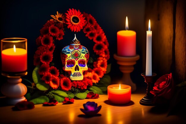 Una calavera con una vela y flores al fondo.