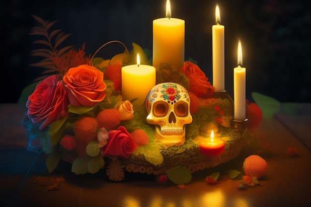 Una calavera y velas están rodeadas de flores y la palabra calavera.