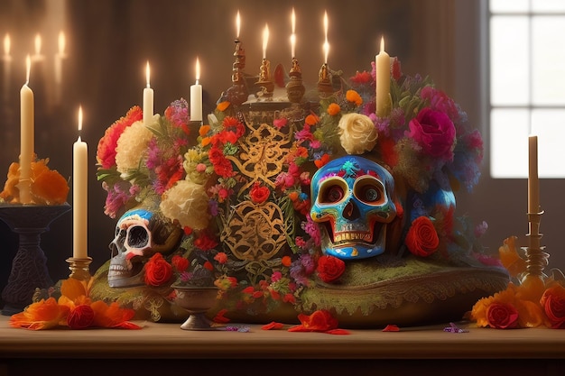 Una calavera y velas se muestran frente a un candelabro.