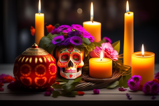 Una calavera y velas se muestran frente a un fondo oscuro.