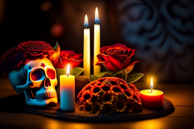 Una calavera y velas con rosas en el fondo.