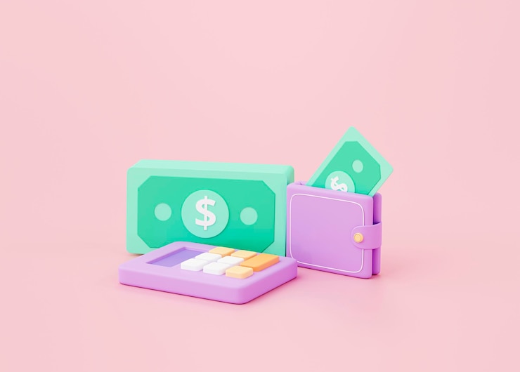 Foto gratuito calculadora y billetera de dinero concepto de ahorro de inversión financiera sobre fondo rosa representación 3d