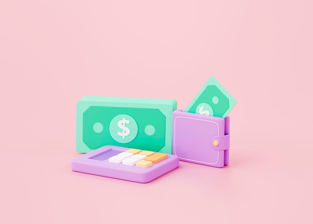 Calculadora y billetera de dinero concepto de ahorro de inversión financiera sobre fondo rosa representación 3d