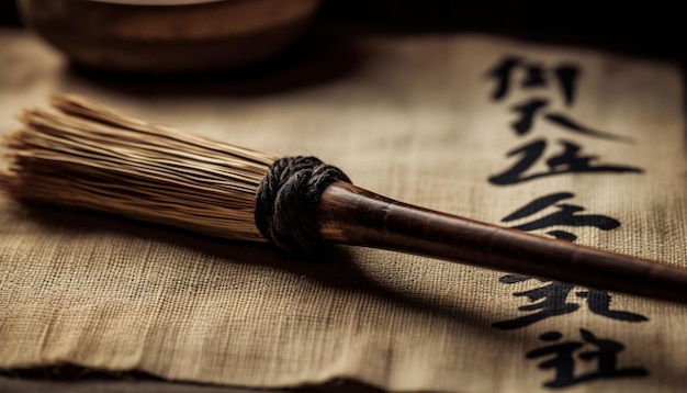 Foto gratuita caligrafía antigua en una vieja mesa de bambú bodegón generado por ia