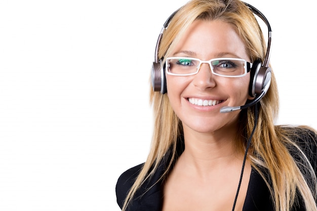 Foto gratuita call center rubia mujer con auriculares