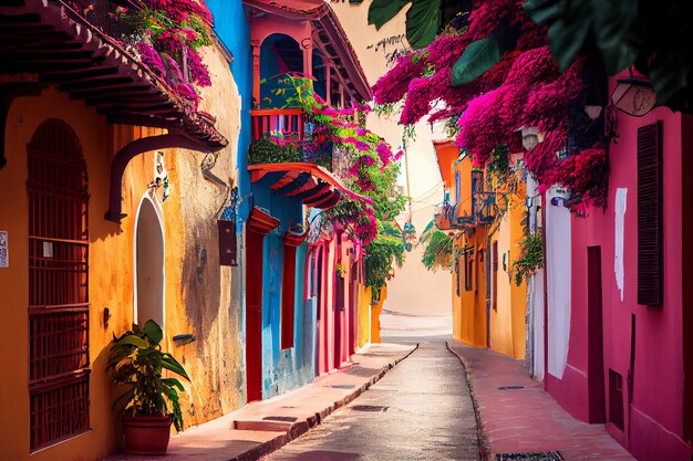 Calle con casas fachadas escena multicolor AI generativa