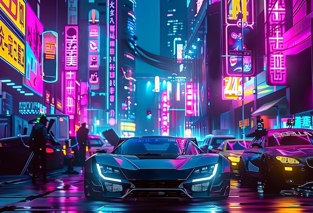 La calle de la ciudad cyberpunk por la noche con luces de neón y estética futurista