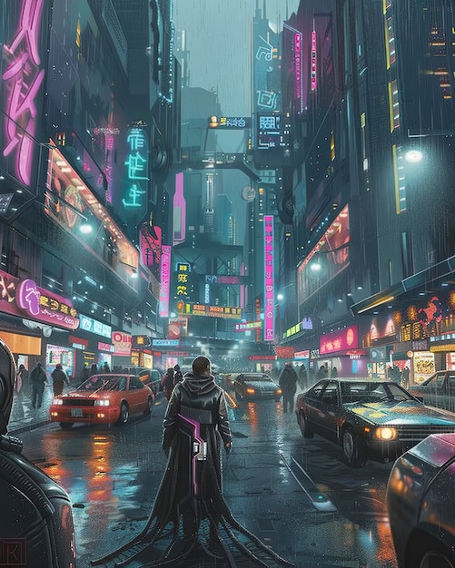 Foto gratuita la calle de la ciudad cyberpunk por la noche con luces de neón y estética futurista