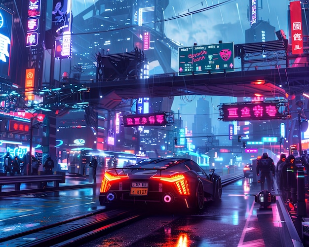 Foto gratuita la calle de la ciudad cyberpunk por la noche con luces de neón y estética futurista