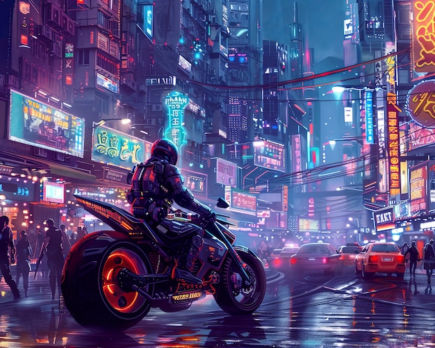 Foto gratuita la calle de la ciudad cyberpunk por la noche con luces de neón y estética futurista