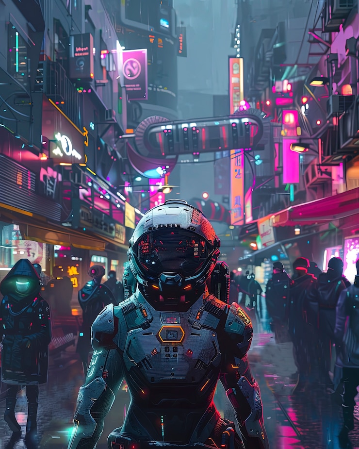 Foto gratuito la calle de la ciudad cyberpunk por la noche con luces de neón y estética futurista