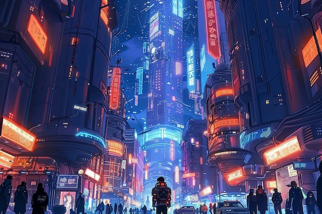 Foto gratuita la calle de la ciudad cyberpunk por la noche con luces de neón y estética futurista