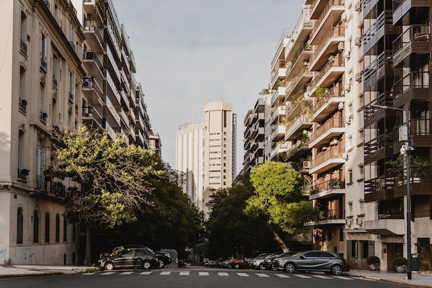 Calle de la ciudad con edificios de hormigón y árboles.