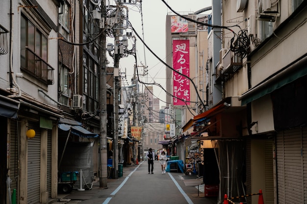 Calle estrecha y edificios de Japón