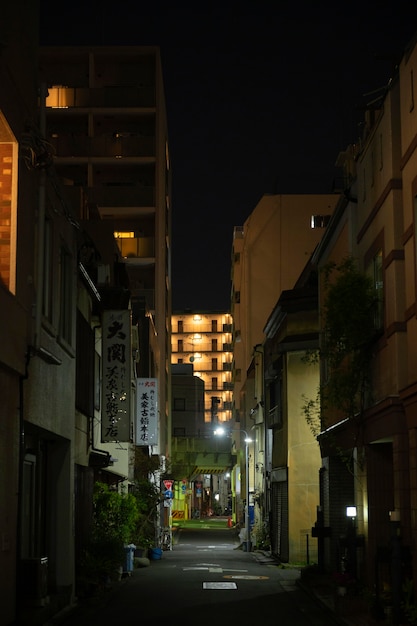 Calle estrecha de japón con luces por la noche.