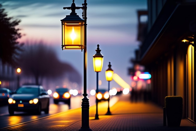 Una calle con una fila de farolas y un letrero que dice "luces de la calle"