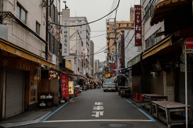 Calle de Japón y edificios con letreros.