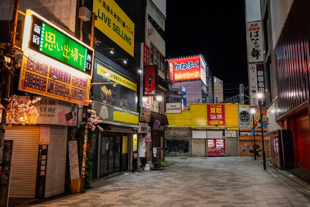 Calle de Japón con tiendas y carteles.