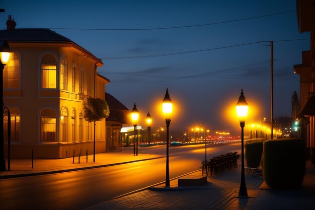 Una calle con luces encendidas y un edificio al fondo