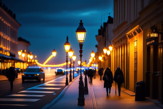 Una calle con luces encendidas y gente caminando por ella