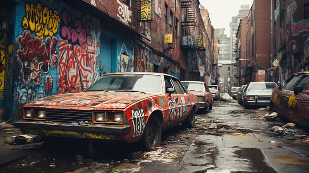 Calles de nueva york con coche abandonado