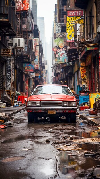 Calles de nueva york con coche abandonado