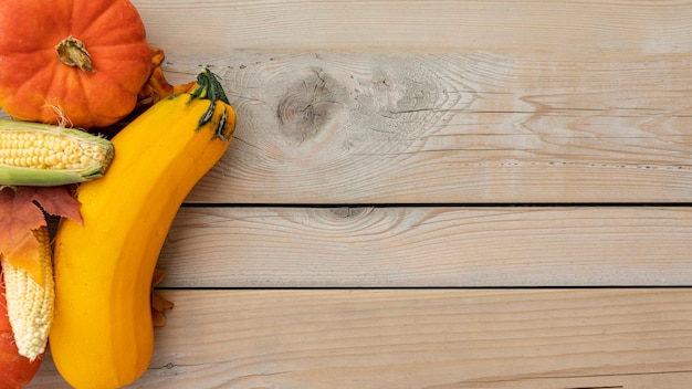 Callos planos y diferentes calabazas con espacio de copia