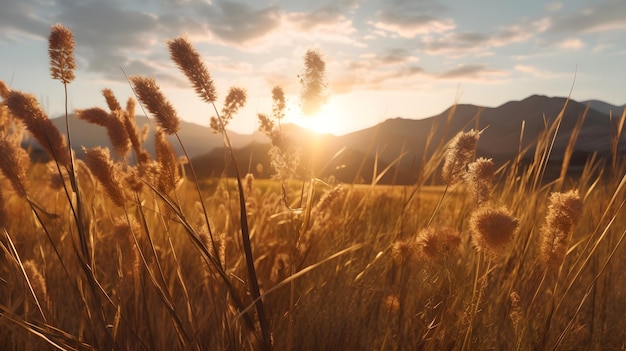 Foto gratuita calor día soleado de verano al aire libre puesta de sol y montañas detrás de la planta seca marrón