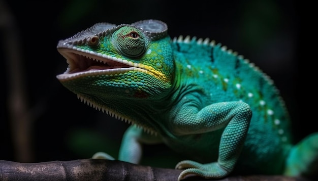 Foto gratuita camaleón con cuernos en una rama verde mirando una cámara generada por ia