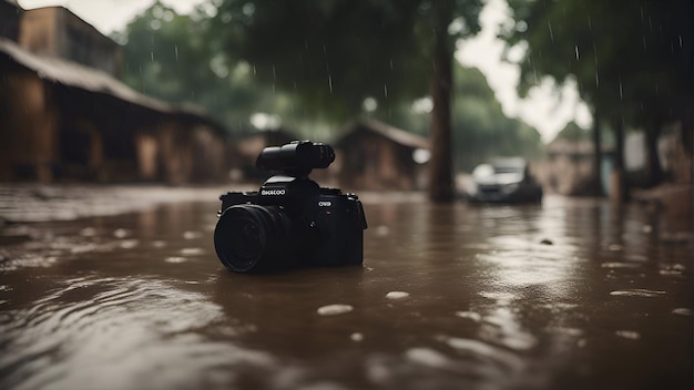 Foto gratuita cámara en una calle inundada durante una inundación enfoque selectivo