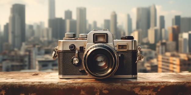 Foto gratuita cámara vintage con un paisaje urbano en la parte posterior