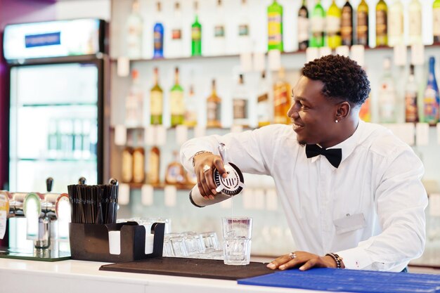Camarero afroamericano en el bar con agitador Preparación de bebidas alcohólicas