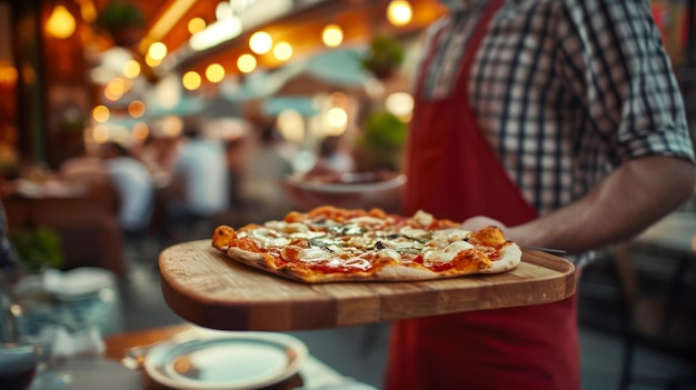 Foto gratuita camarero de pizzería local llevando pizza en bandeja de madera a los clientes en la antigua pizzería de la calle italiana