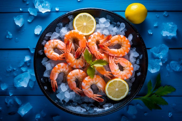 Camarones frescos con hielo en un recipiente sobre una mesa de madera azul