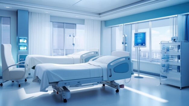 Las camas y el equipo médico se destacan con tonos azules relajantes en la habitación del hospital