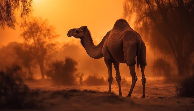 Un camello dromedario parado en un desierto tranquilo generado por IA