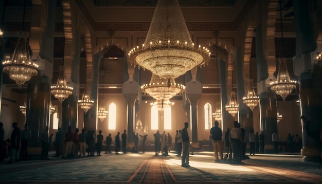 Caminando dentro de una famosa mezquita iluminada por la noche generada por IA