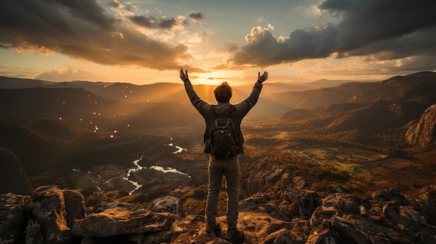 Foto gratuita caminante con las manos levantadas parado en la cima de una montaña y disfrutando de la vista