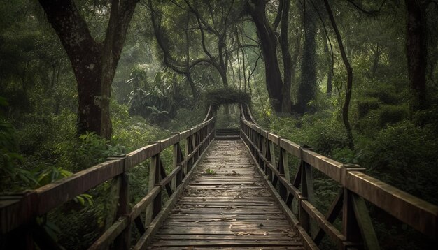 Caminar sobre un puente peatonal a través de la aventura de la selva tropical generada por IA