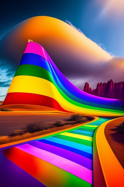Un camino de arcoíris con una montaña al fondo.